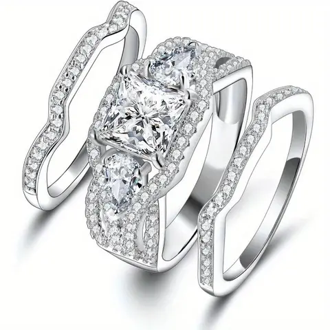 GEMSME Women's Elegant 2ct Total Princess-Pear Cut 3-Stone 3-In-1 Square Stackable Cubic Zirconia Ring Stack, March Jewelry for Women, Wedding Anniversary Ring, Engagement Promise Piece, Christmas Gift Set (Sizes 5-10, R-1006-W, Bling Effect, Free Return)