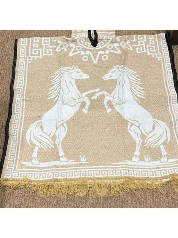 Poncho Unisex Casual Raincoat with Front-Back Horse Print and Warm Fabric