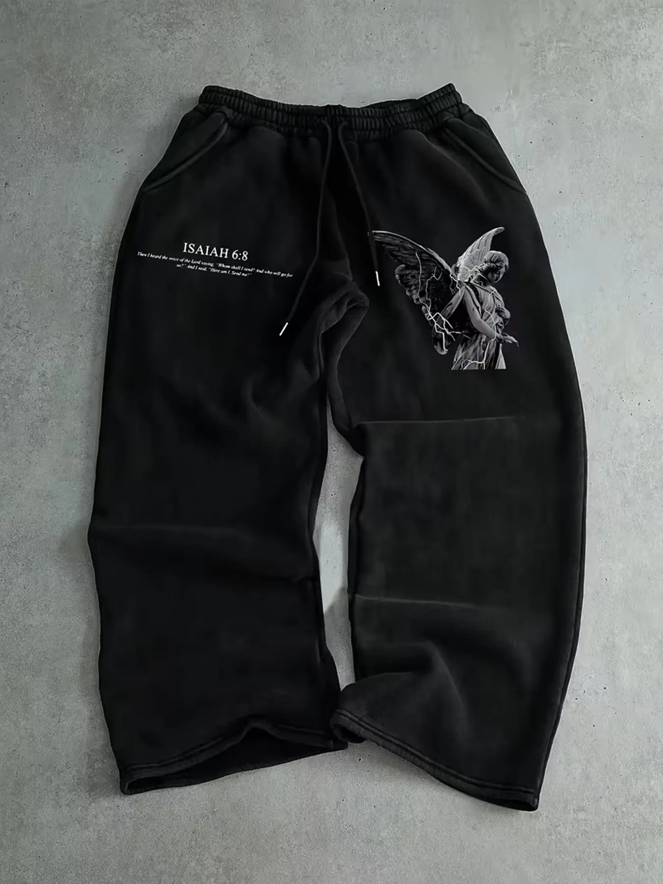 Men's Isaiah 6:8 Angel Print Wide Leg Pants, Loose Comfortable Fit, Street Style Casual Trousers, Drawstring Waist, Fashion, Casual Comfy Trouser