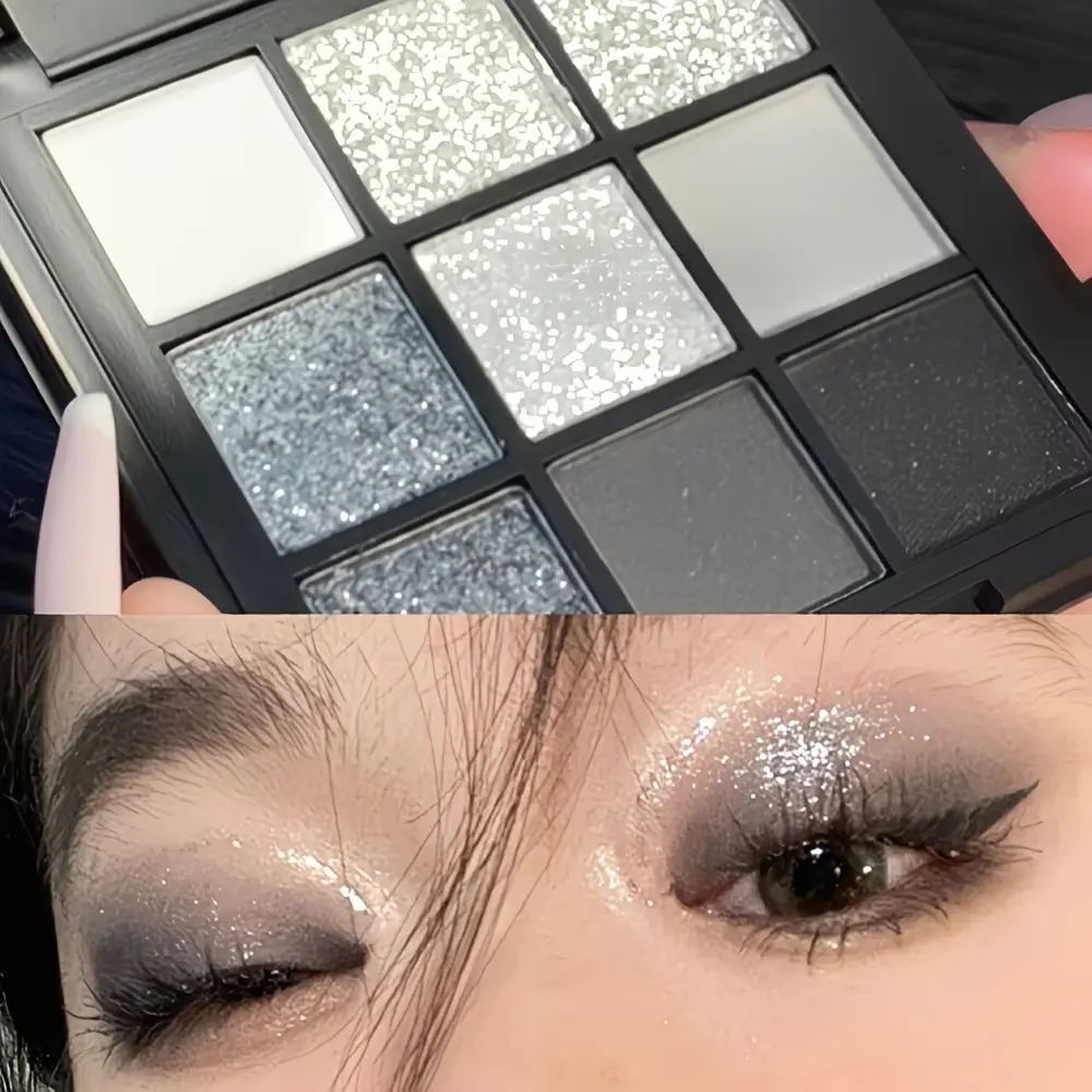 Heavy Metal 9-Color Eyeshadow Palette, Shimmering Eyeshadow Palette - matte and shimmer finishes, black, white, gray shades for bold eye makeup, finely milled powder that doesn't fly, suitable for music festivals and everyday use