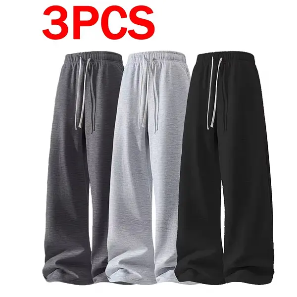 3 Pairs of Men's Lightweight Drawstring 100% Polyester Loose Sweatpants - Soft, Straight, Light Grey and Black/Dark Grey, Four Seasons Comfort with Side Pockets, Suitable for Fitness and Casual Wear, All Seasons Casual Style Jogging Pants, Sweatpants summ