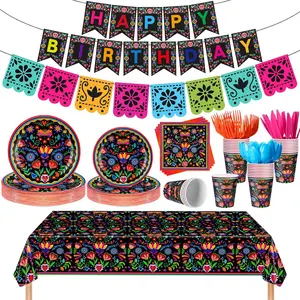 144 Pcs Mexican Birthday Party Decoration Supplies for 20, Mexican Floral Cielito Lindo Paper Plates Napkins Cups Banner Papel Picado Tablecloth Cutlery Fiesta Birthday Tableware(Black)