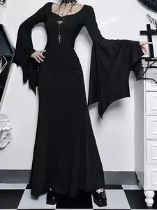 Gothic Black Witch Dress with Flared Sleeves | Sexy Halloween Vampire Costume | Women’s Cosplay Maxi Gown | Alternative Party Outfit | Trending Style