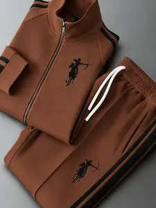 Men's Zipper Sportswear Set, Fashion Street Style Casual Sports Clothing, Contrast Stripes & Knight Logo Print, Adult Men's Apparel