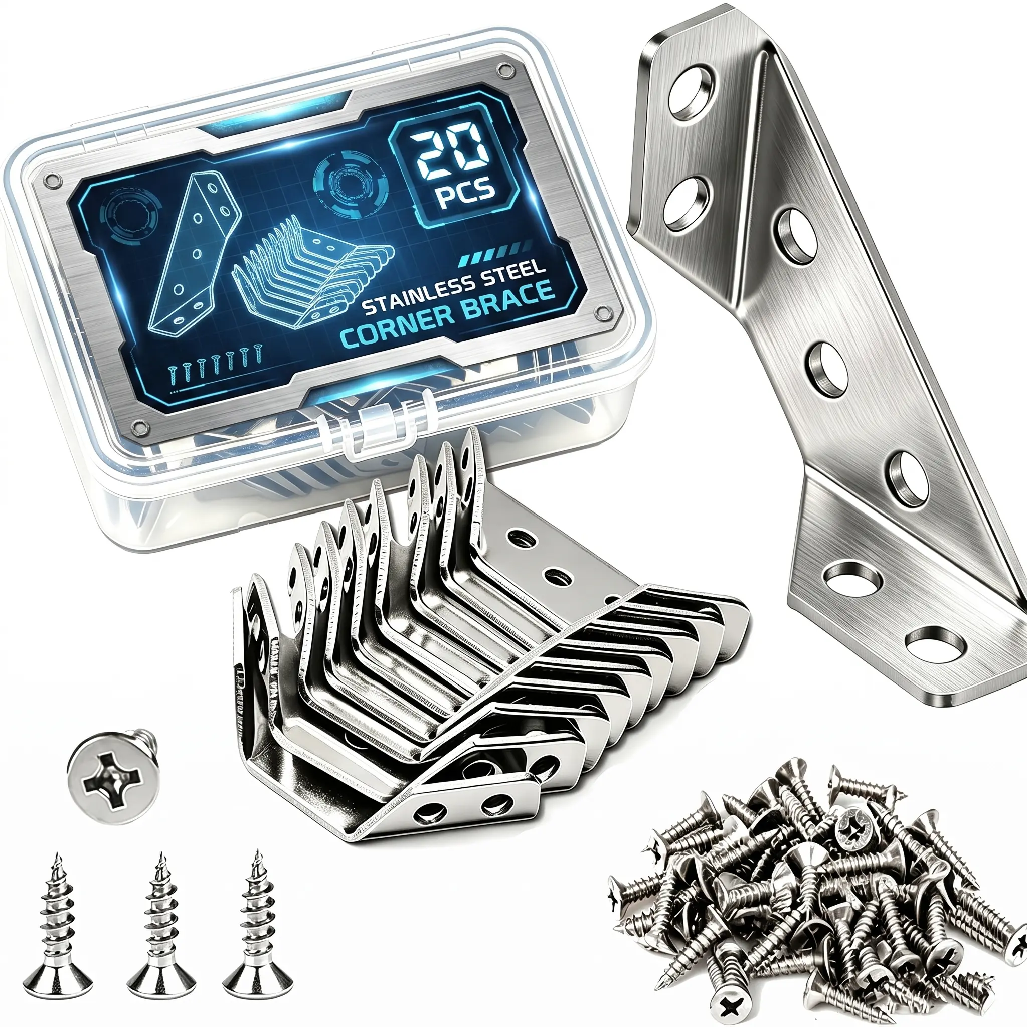 20PCS Heavy-Duty Stainless Steel L-Angle Brackets with Triangle Design, Durable Furniture Corner Hardware Connectors with Wood Screws for Secure Wood Fastening, DIY Projects