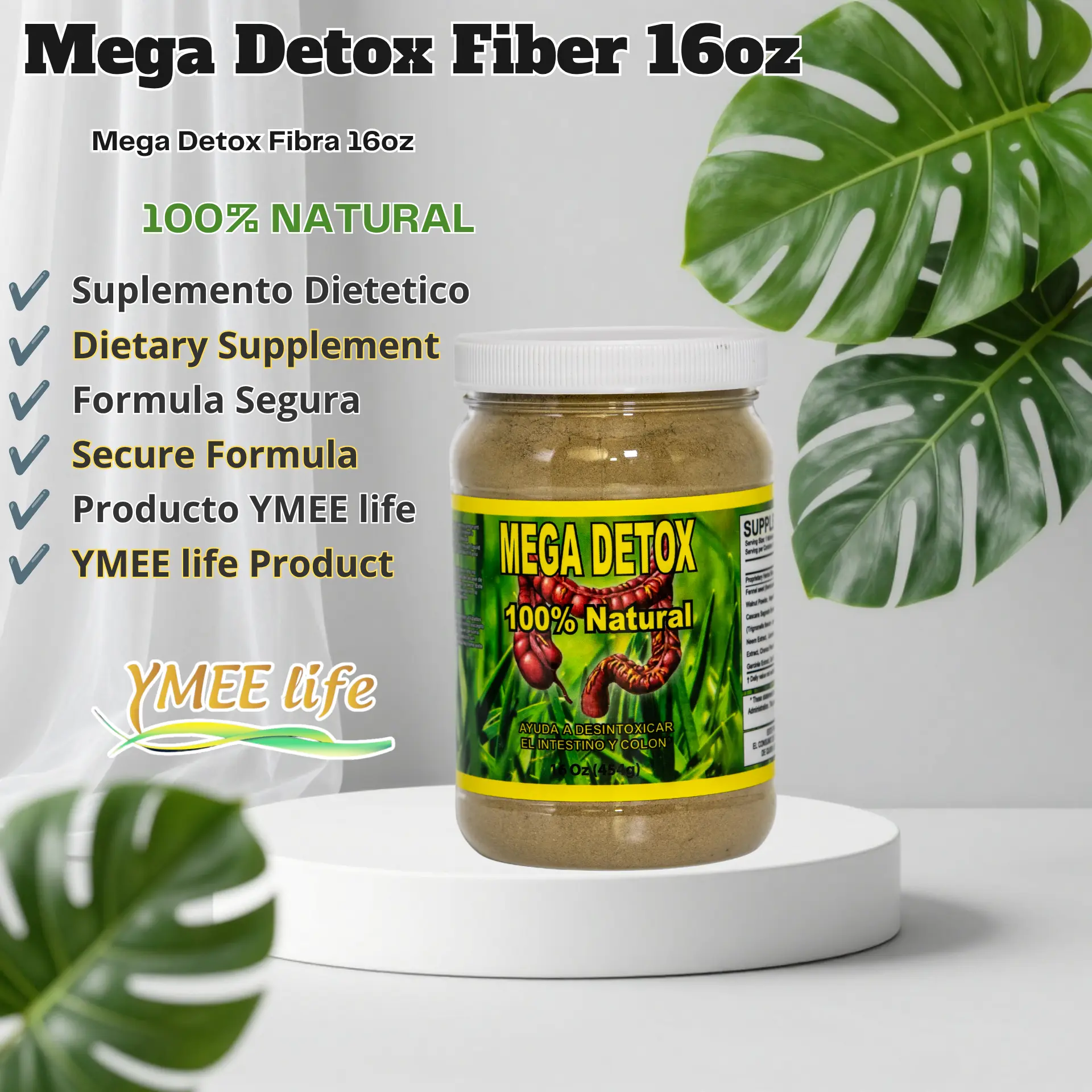 16 oz Mega Detox 100% Natural Edible Healthcare Fiber Powder Supplement - Natural Ingredients for Intestinal & Colon Cleanse, Digestive Health Support