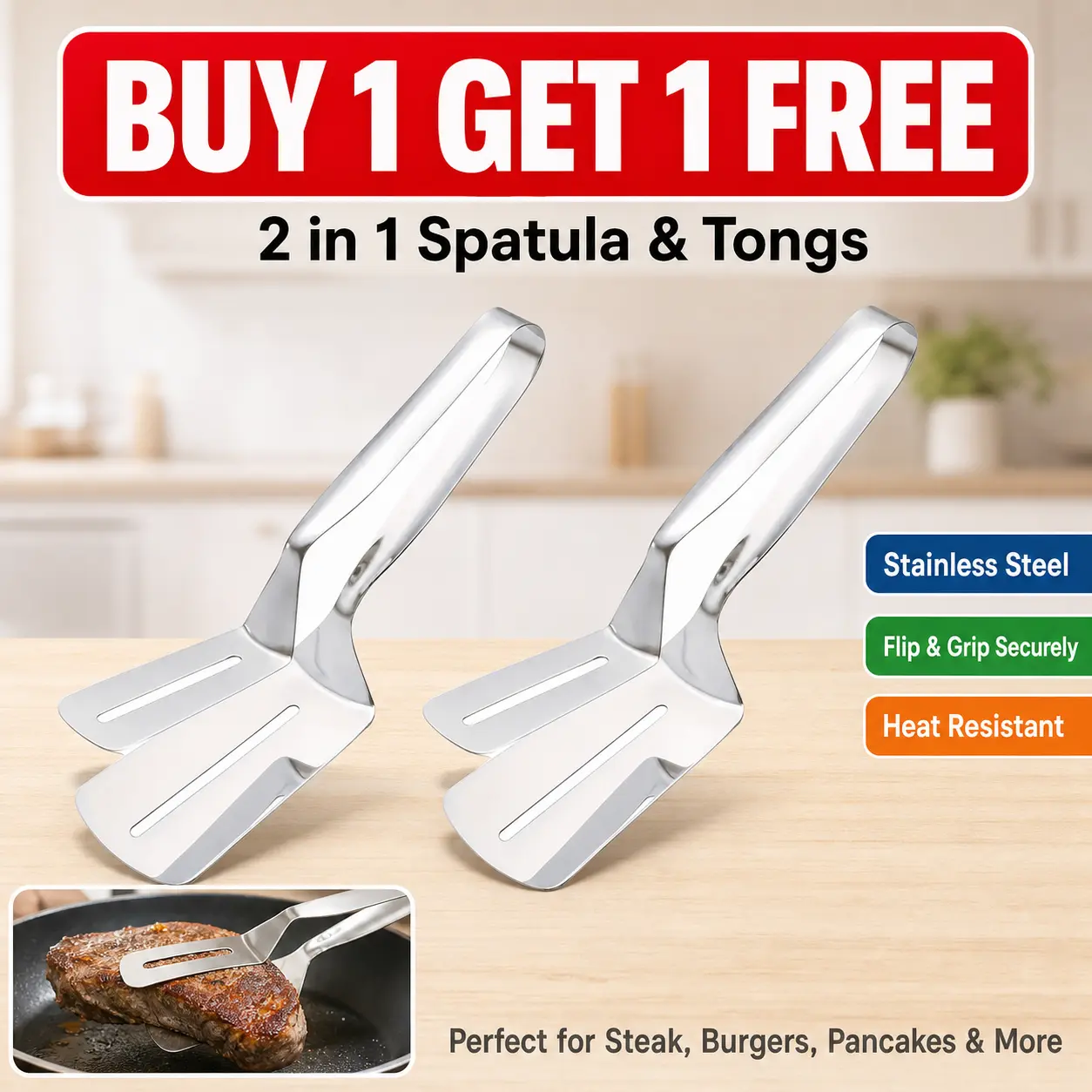Buy 1 Get 1 Free (2pcs) Stainless Steel 2-in-1 Spatula-Tongs Utensil Set - Silver Durable Heat-Resistant Home Kitchen Tools, Secure Flip-Grip Cooking Accessories for Food Flipping
