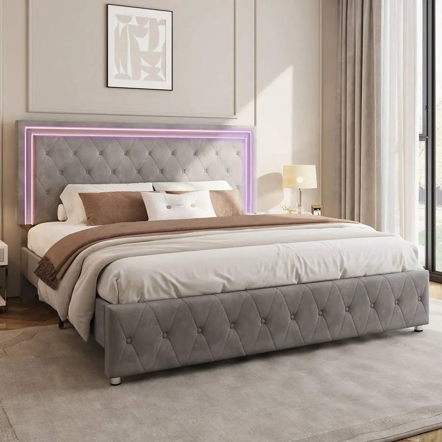 Modern Grey Upholstered Platform Bed Frame - Illuminated, LED-Accented, Smart RGB LED Lights, Chic Acrylic Headboard, Adjustable Height, Noise-Free Wood Slats, No Box Spring Required, Illuminated Bed Frames, Led-Accented Bed Frames