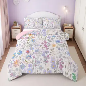 Feelyou Blue Watercolor Floral Print Multi-Size Comforter Set - Kids' Boho Bedding, Rustic Country Home Decor Quilt, Travel-Friendly Linen Textile Duvet