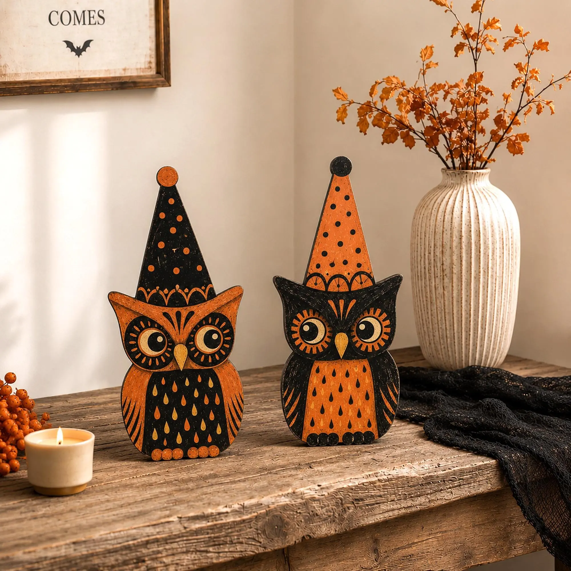 Vintage Halloween Owl Wood Block, Retro Folk Art Owl Decor, Spooky Party Hat Owls, Farmhouse Tiered Tray, Fall Halloween Gift