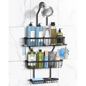 Shower  Hanging - Never Rust Shower Hanging Organizer - Aluminum Over the ShowerHead  with Soap Basket and 6 Hooks for Razor/Sponge (Black)