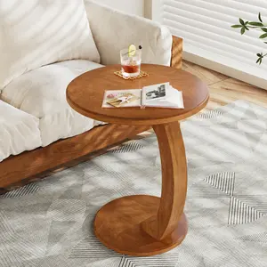Tribesigns Small Round End Table for Living Room, C-Shaped Sofa Side Table for Couch, Retro Boho Bedside Nightstand, Brown