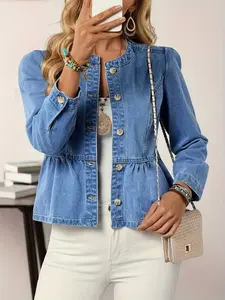 Women's Elastic Stretchy Denim Long Sleeve Jacket, Coats, Womenswear, Vintage Hand-Stitched Button Design, Casual Fashion Outerwear for Daily Wear