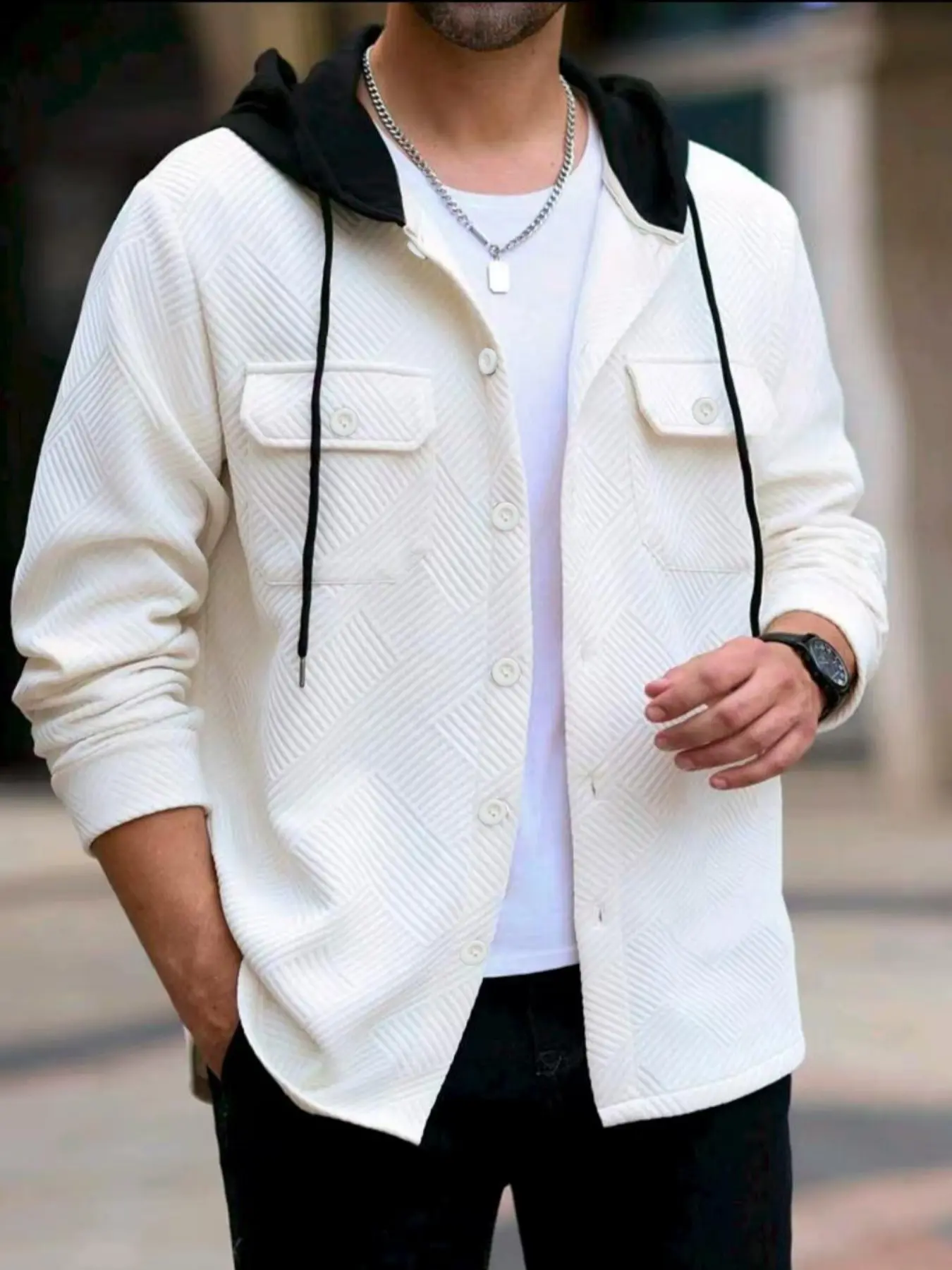 Men's plain color hooded jacket with jacquard texture, regular version casual autumn and winter men's long-sleeved single-bre jacket, outdoor leisure coat, White