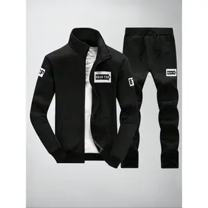 Men's Letter Print Zip Up Sweatshirt & Drawstring Waist Sweatpants Set, Casual Funnel Neck Long Sleeve Outerwear & Pocket Jogger Pants for Spring & Fall（gift）Gift