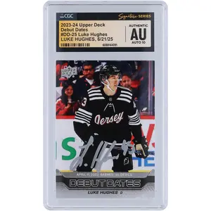 Luke Hughes New Jersey Devils Autographed 2023-24 Upper Deck Series 1 Debut Dates Silver Ink #DD-25 CGC Fanatics Witnessed Authenticated Auto 10 Rookie Card - Fanatics Authentic Certified