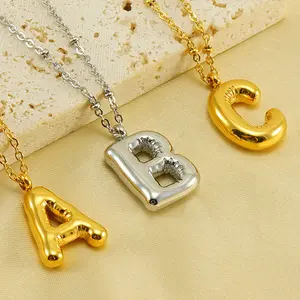 ZG1298 Silver Bubble Letter Necklace Balloon Initial Necklaces for Women Girls Dainty Alphabet Pendant Gold Puffy Name Personalized Daily Jewelry Gift