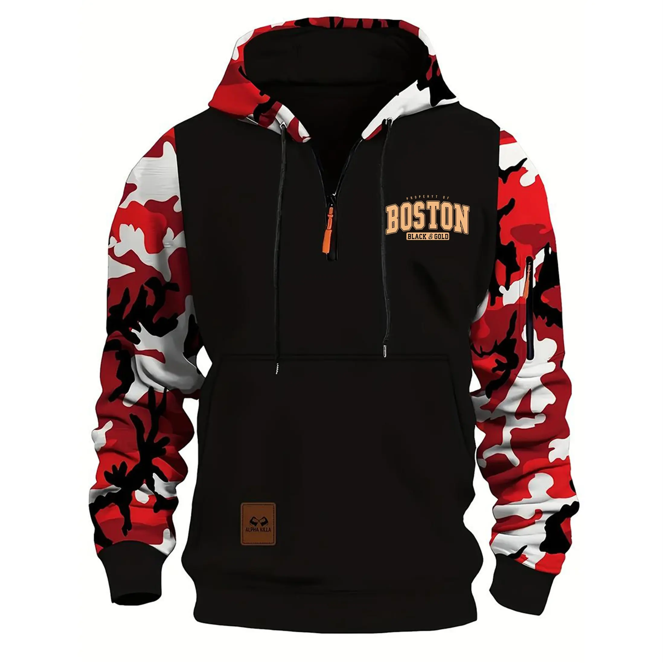 Menswear Long-Sleeve Hoodie/Jumper - Casual Outdoor Polyester Boston-Printed Camouflage Hooded Sweatshirt, American Vintage Loose-Fit Pullover, Zipper Closure, Top-Stitching, Slit Pocket, Available in Red, Army Green, Blue, Gray