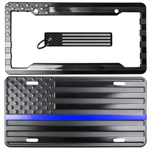 Thin Blue Line American Flag License Plate, Frame and Key Tag Combo