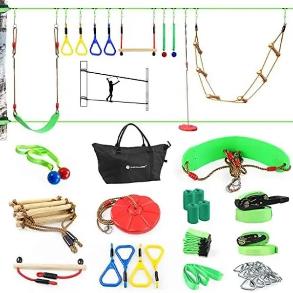 2-in-1 Ninja Warrior Obstacle Course with Zip Line for Kids & Adults, Transformable Backyard Slackline Kit, Outdoor Play Set with Swing, Climbing Obstacles & Flying Seat, Easy Setup, Heavy Duty