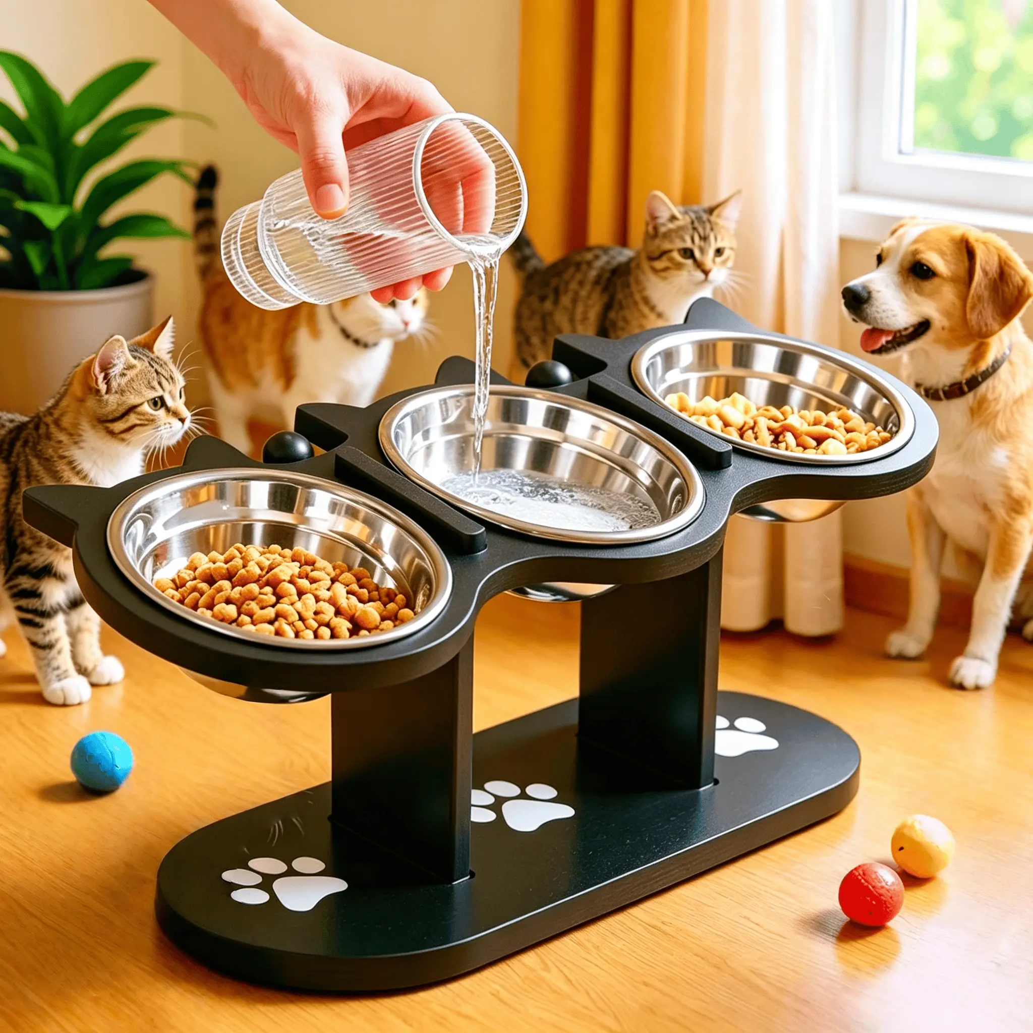 15° Tilted Pet Feeding Stand—the elevated design protects the cervical spine and prevents food spills. Comes with a height-adjustable food bowl rack and 3 stainless steel food bowls, suitable for all cats and dogs (Black)
