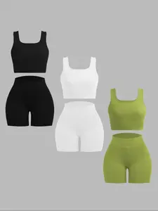 Women's Solid Crop Tank Top & High Waist Shorts Ribbed Set, Casual Sleeveless Square Neck Crop Top & Skinny Shorts, Ladies Summer Outfits 2024 for Daily Wear Workout Set
