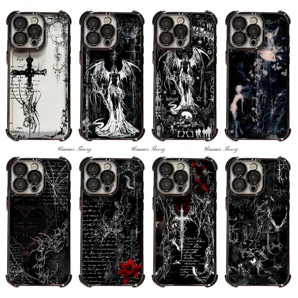INS Artistic Gothic Cyber Sigilism Angel Cross Phone Cases For iPhone 17 Promax Pro Air 16 Plus 15 14 13 12 11 Transparent Black TPU Shockproof Protective Cover Gift For Birthday Christmas Valentine Halloween