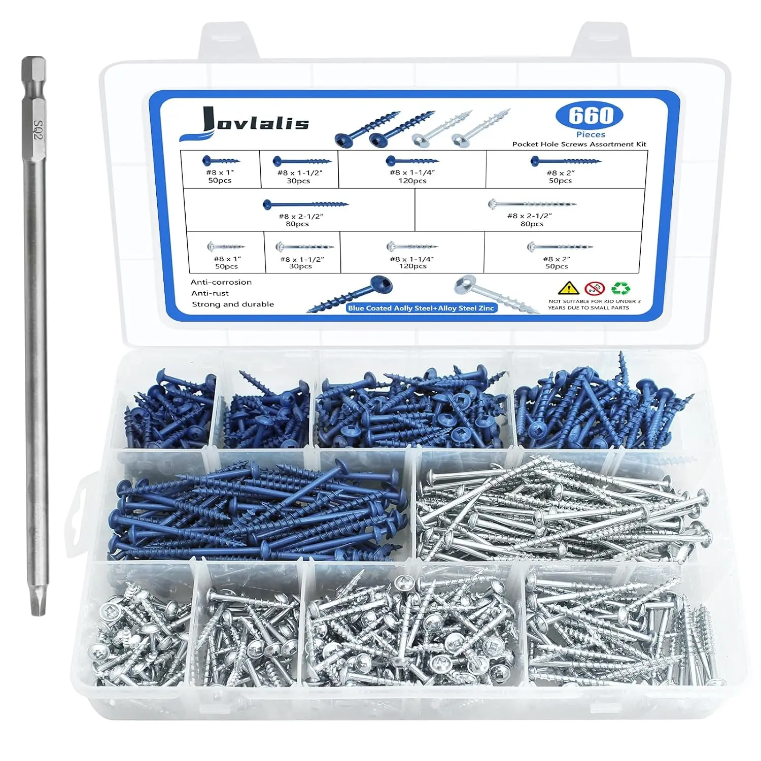 660-Piece Pocket Hole Screws Assortment Kit, 5 Sizes (#8 x 1"–2-1/2"), Blue & Zinc Coated with Square Drive & Bit Included