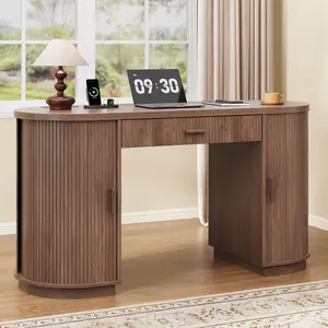 【SummerGarden】ONBRILL 58 Inch Fluted Executive Desk with Drawers, Large Computer Desk with Charging Station, Mid Century Modern Desk for Home Office, Living Room or Bedroom