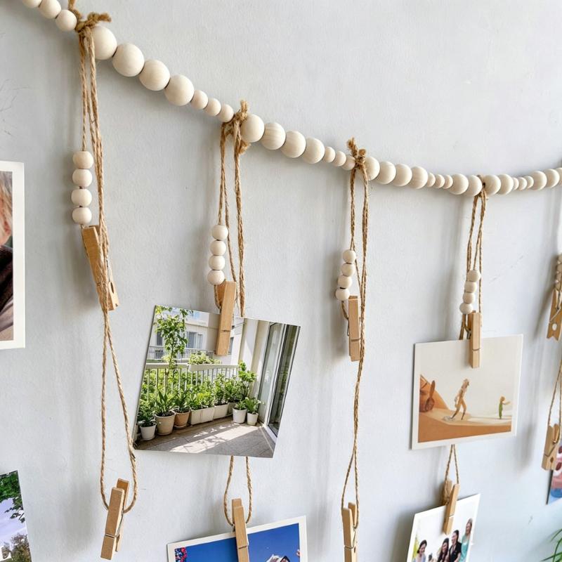 Boho Photo Display String, 4ft Wooden Bead Garland with 9 Clips, Hanging Picture Collage Decor for Cubicle, Dorm, Nursery, Rustic Bedroom & Office