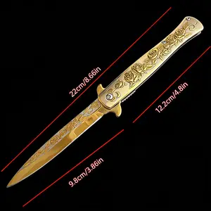 Rose Carved Golden Decorative Knife Style Open Tool Aesthetic EDC Pocket Knife for Outdoor Camping Fishing Hiking and Collector Display All Metal Tool Durable Steel Tool