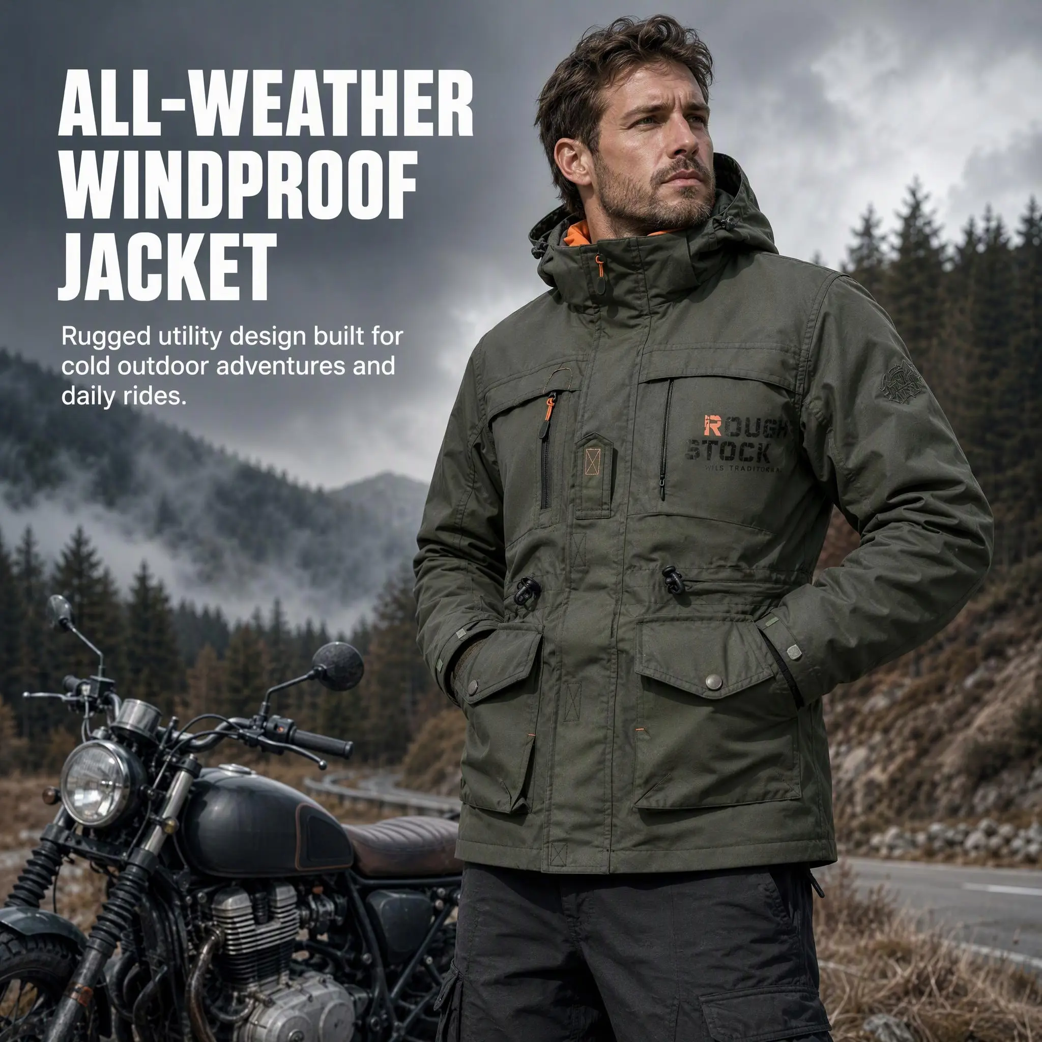Zaitun Men's Hooded Utility Jacket with Multi-Pocket Design, Adjustable Waist, Dual Storm Flap, Zippered Pockets and Adjustable Cuffs
