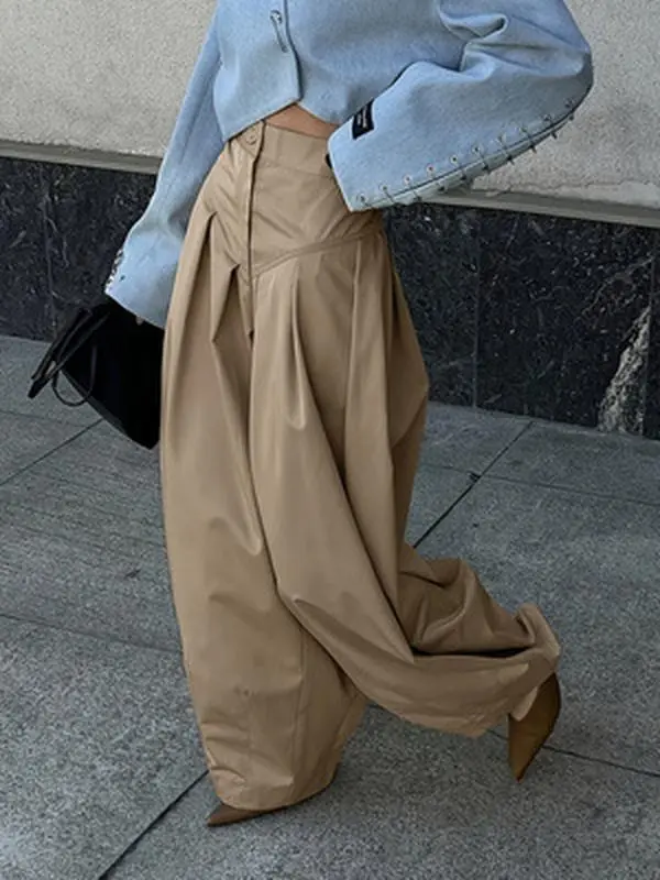 ChicCurve Women's High Waist Pleated Wide Leg Trousers, Stylish Loose Fit Khaki Slacks, Trendy Casual Loose Parachute Pants for Streetwear & Workwear