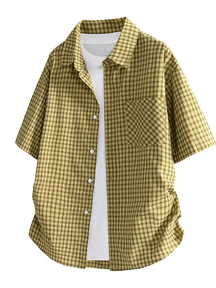 Men’s 100% cotton yellow plaid short-sleeve button shirt, casual loose fit plaid shirt with pockets, lightweight and breathable summer top, perfect for everyday wear, vacations, and beach activities, also an excellent gift for father, husband, and friends