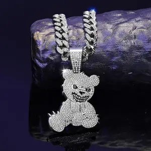 Fashion grin Bear necklace Hip Hop full diamond Cuban chain（gift）