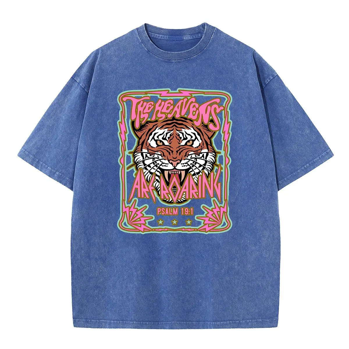 Women's Vintage Oversized Crewneck Short-Sleeve T-Shirt - Pink Acid Wash Heavyweight Cotton Top with Roaring Tiger Print, Streetwear Fit, Shortsleeve, Outdoor, Lady, Tshirt, Round Neck, Grunge Aesthetic, Acid-Dyed Women's T-Shirts, Oversized Acid Wash Cot
