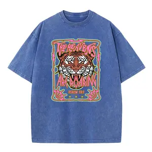 Sunland Fasion Unisex Acid Wash Vintage " The Heavens" Roaring Tiger Pattern T-Shirt,Heavyweight Cotton Streetwear Graphic Vintage Tee Menswear Womenswear Crewneck pink