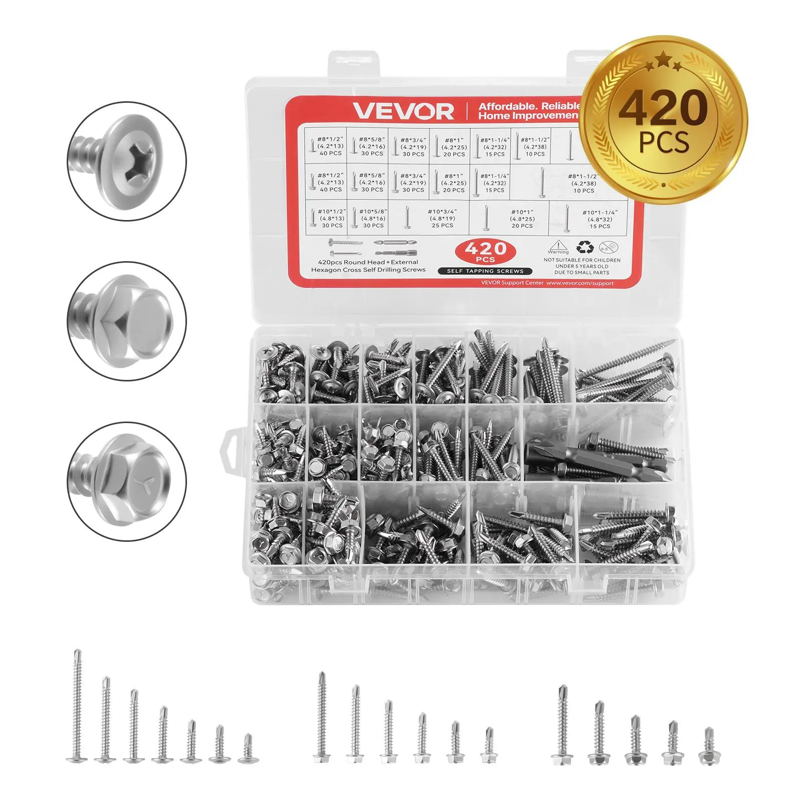 【summerfinds】VEVOR 420 PCS Self Drilling Screws, Stainless Steel #8 #10 Sheet Metal Screw Assortment Kit for Metal and Wood, Phillips Truss Head & Hex Head Self Tapping Screws, Length 1/2 Inch to 2 Inch, Silver