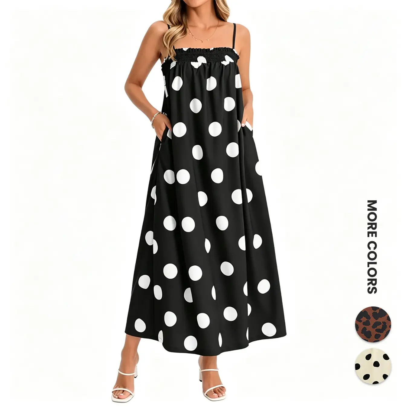 Wodubu Women's Casual Polka Dot Maxi Dress - Lady's Fashionable, Comfortable Spaghetti Strap Smocked Loose Beach Vacation Dress with Pockets
