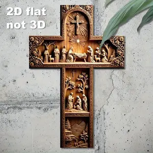 Vintage Wooden Wall Cross, 8x12 Inch Christmas Scene, Shepherd and Mary, Perfect for Holiday Decor, Rustic Home Decoration