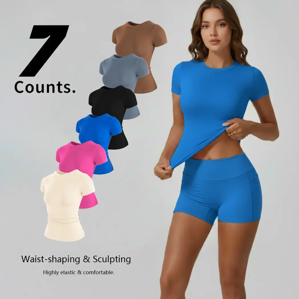YIZHEN Women's Basic Ribbed Crew Neck Short Sleeve T-Shirt - Slim Fit, Waist Cinched, Stretchy, Soft, Breathable, Minimalist Knit Top for Everyday Casual Wear