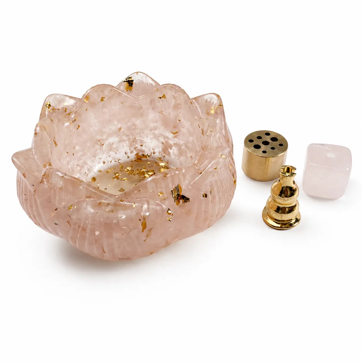 Lotus Incense Burner Set with Gold Foil, Crystal Lotus Offering Bowl with Brass Incense Holders and Gemstone Base, Meditation Yoga Room Decor Aromatherapy Ash Catcher Spiritual Gift