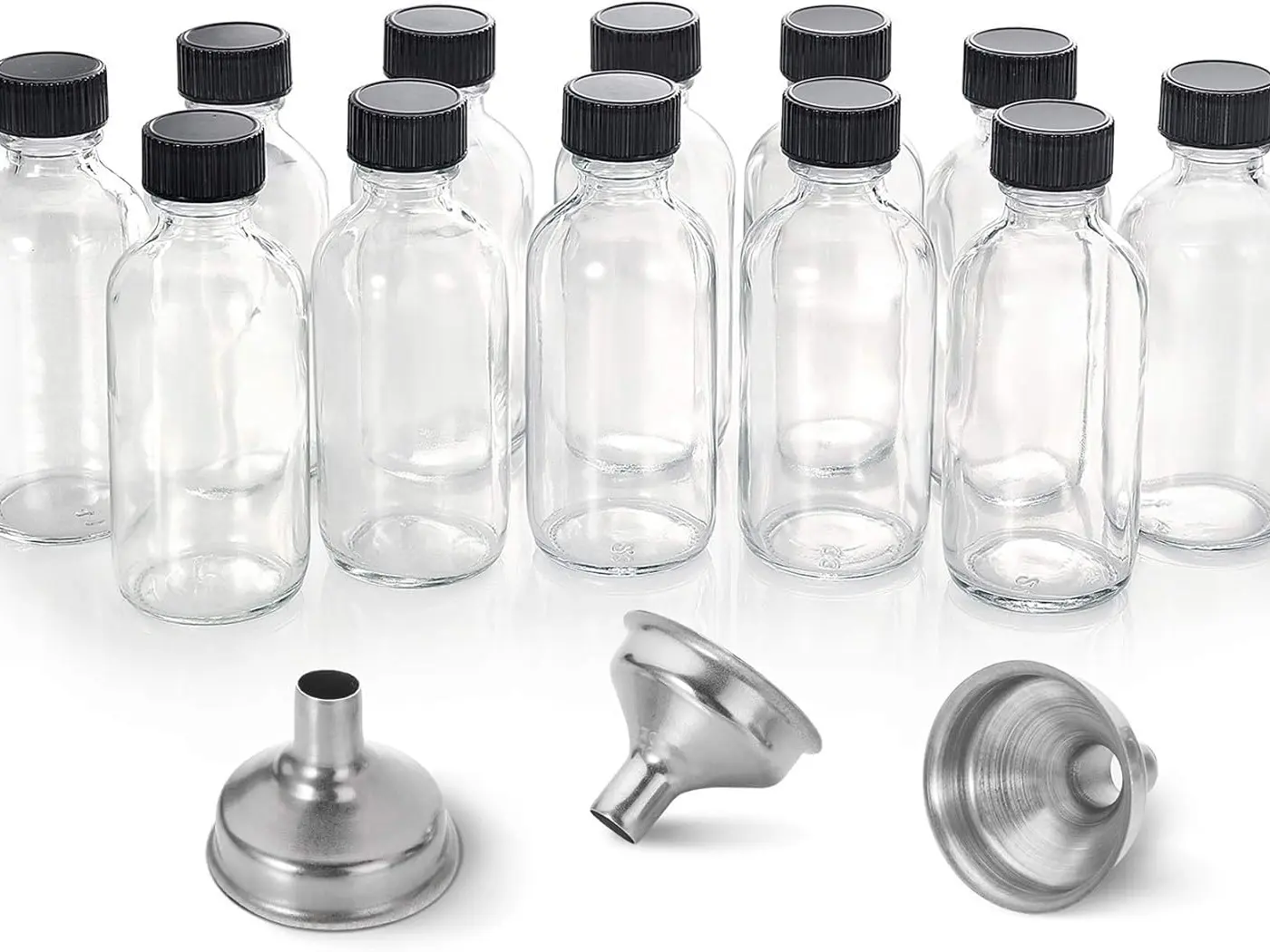 12 Pack 2oz (60ml) Boston Round Clear Glass Bottles – Leak-Resistant Airtight Caps, 3 Stainless Funnels, Protective Grid Packaging, Mini Personal Care & Beauty Travel Bottle