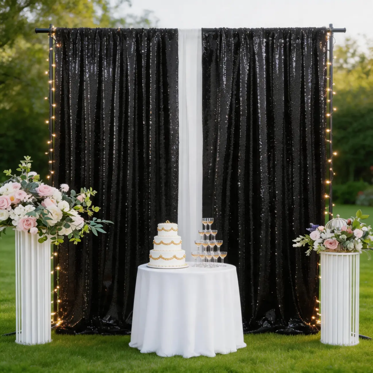 2FTx8FT High-Density Glittering Black Polyester Sequin Panels (2 Pcs) - Rod-Pocketed Round Mesh Curtain Backdrops, Ceremony Decor with Multiple Uses for Wedding Photoshoot, Birthday