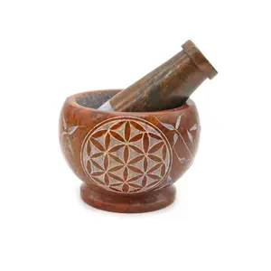 Orange Flower of Life Soapstone Mortar and Pestle Utensils Wooden