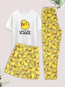 Men's Cartoon Duck Print Tee & Elastic Waist Pants & Shorts Loungewear Set, Regular Fit Casual Comfy Round Neck Short Sleeve T-Shirt & Trousers & Shorts PJ Set, Men's Sleepwear for Summer, Casual Pajamas, Menswear