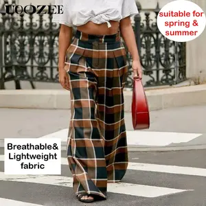 UOOZEE Women's 2026 New Spring Thin Breathable Polyester-Spandex Wide-Leg Pleated Trousers - Color-Contrasting Grid, Pockets, Urban Brown, Loose Fit Casual Streetwear Bottoms for Daily Wear