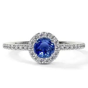 Classic Round Blue Sapphire Halo Ring with Prong Set Diamonds (0.93cttw)- RBS001-5X5-AAA