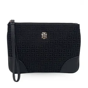 Tommy Hilfiger Tonal Large Wristlet Black Everyday Logo Chic with Secure Zip Top Closure & Detachable Strap for Minimalists