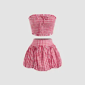 Cider [size 0-10]  Gingham Shirred Knotted Crop Tube Top & Gingham Bubble Hem Knotted Mini Skirt Set